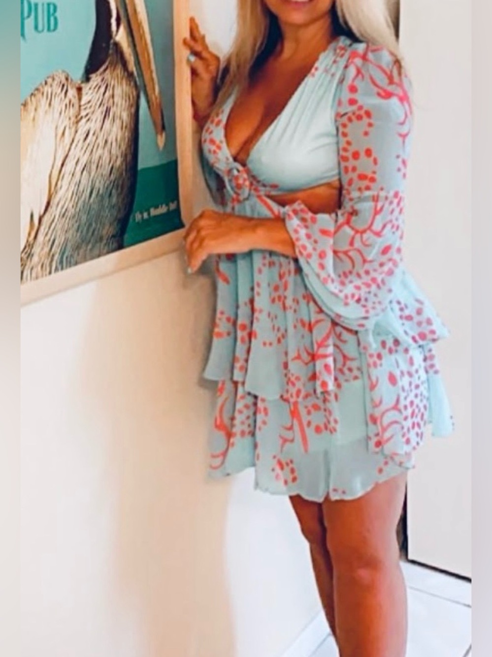 Fashion Nova cutout Aqua Dress with Pink Coral Print